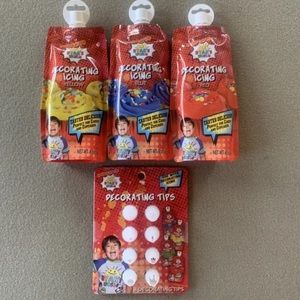 Lot of 3 Ryan's World Decorating Icing Tips plus 3 Frosting Yellow Blue Red
